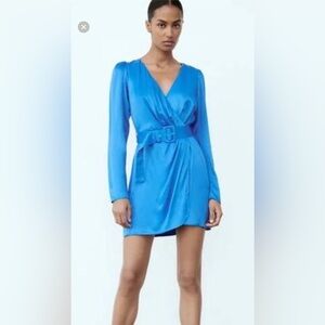 Blue silky Zara belted wrap dress